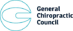 Logo of the General Chiropractic Council. The image features a stylized, blue outline of a spine forming a circular shape, with the text "General Chiropractic Council" written in dark blue on the right side of the logo, symbolizing life balance chiropractic care by dedicated chiropractors.