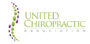 Logo for the United Chiropractic Association. The text "United Chiropractic Association" is written in green with two curved lines of multicolored dots (green, purple, and maroon) to the left. The word "ASSOCIATION" is written below in smaller gray letters, symbolizing life balance chiropractic principles.